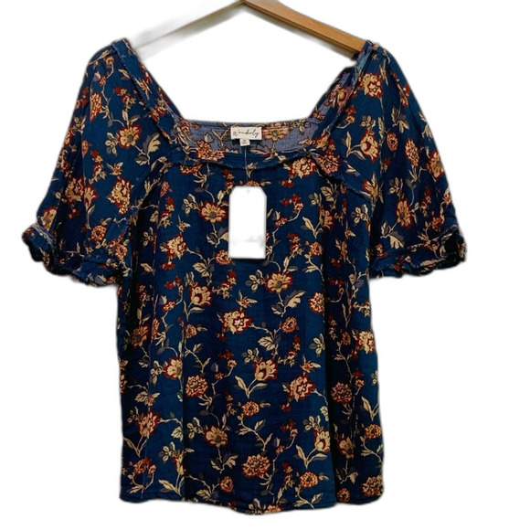Wonderly Cotton Gauze Navy Blue Floral Square neck top size medium - Picture 1 of 6